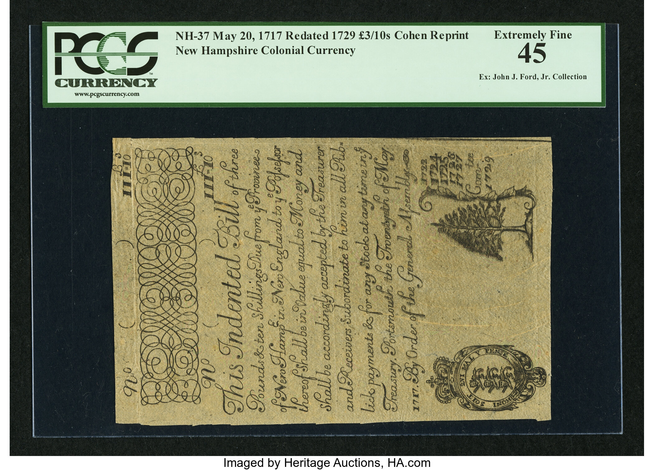 image for: Cohen Reprint New Hampshire May 20, 1717 Redated 1729 £3 10s PCGS Extremely Fine 45....