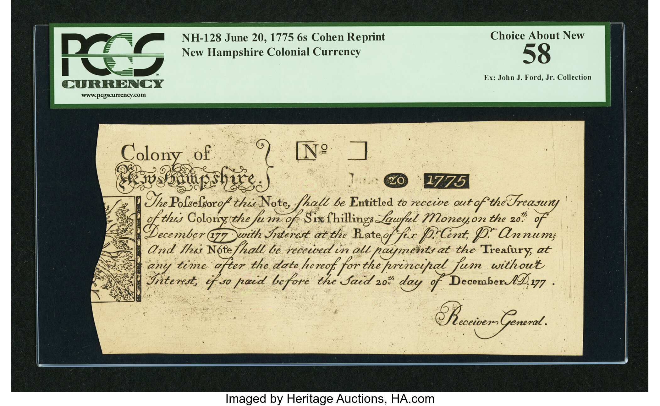 image for: Cohen Reprint New Hampshire June 20, 1775 6s PCGS Choice About New 58....