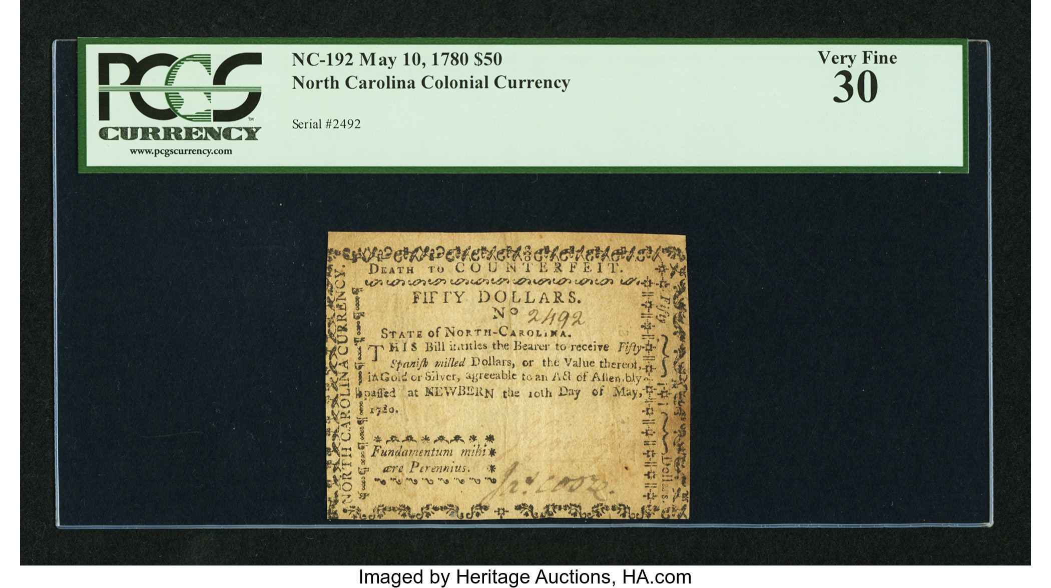 image for: North Carolina May 10, 1780 $50 Fundamentum Mihi Aere Perennius PCGS Very Fine 30....