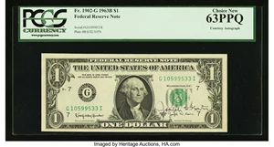image for: Joseph W. Barr Courtesy Autographed Fr. 1902-G $1 1963B Federal Reserve Note. PCGS Choice New 63PPQ....