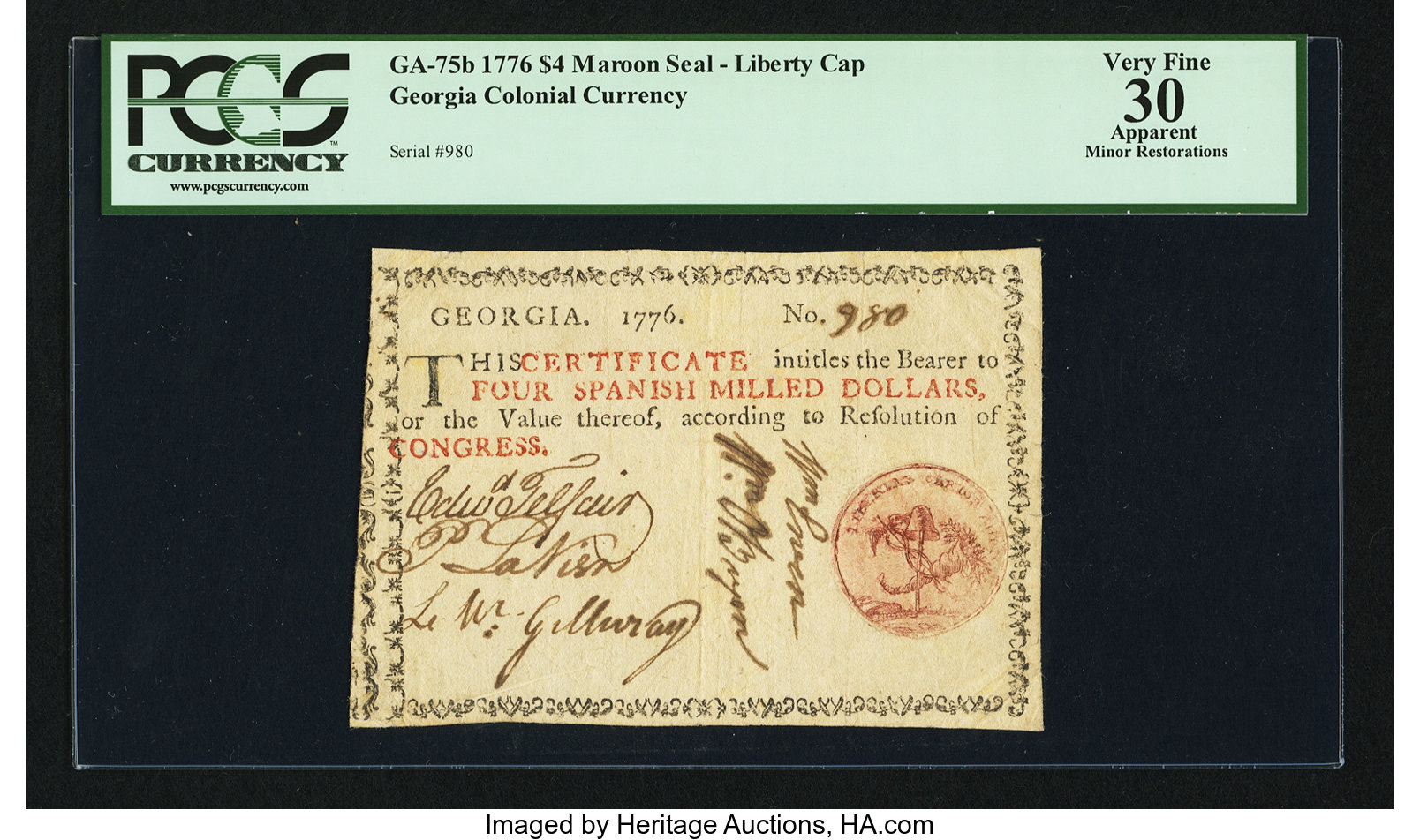 image for: Georgia 1776 $4 PCGS Apparent Very Fine 30....