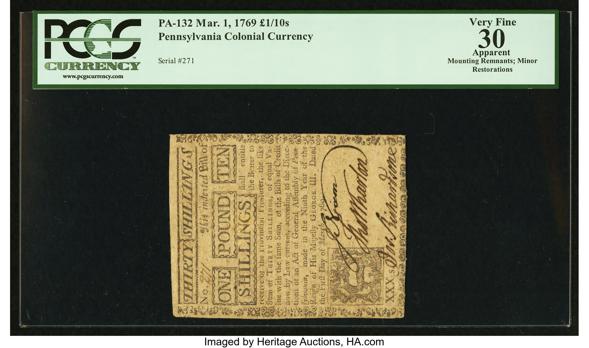 image for: Pennsylvania March 1, 1769 £1/10s PCGS Apparent Very Fine 30....