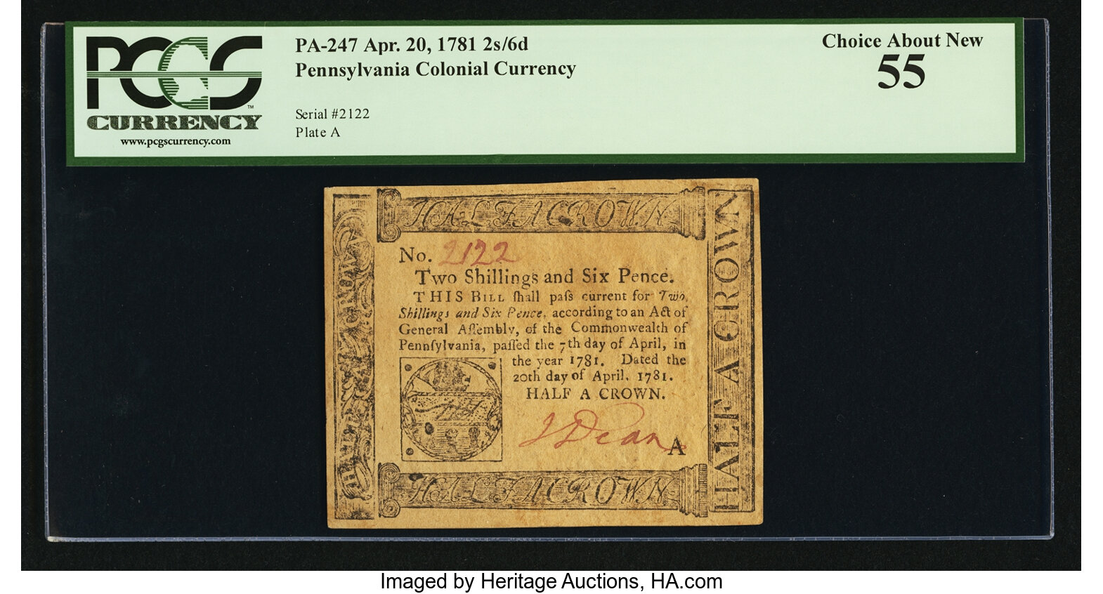 image for: Pennsylvania April 20, 1781 2s/6d PCGS Choice About New 55....