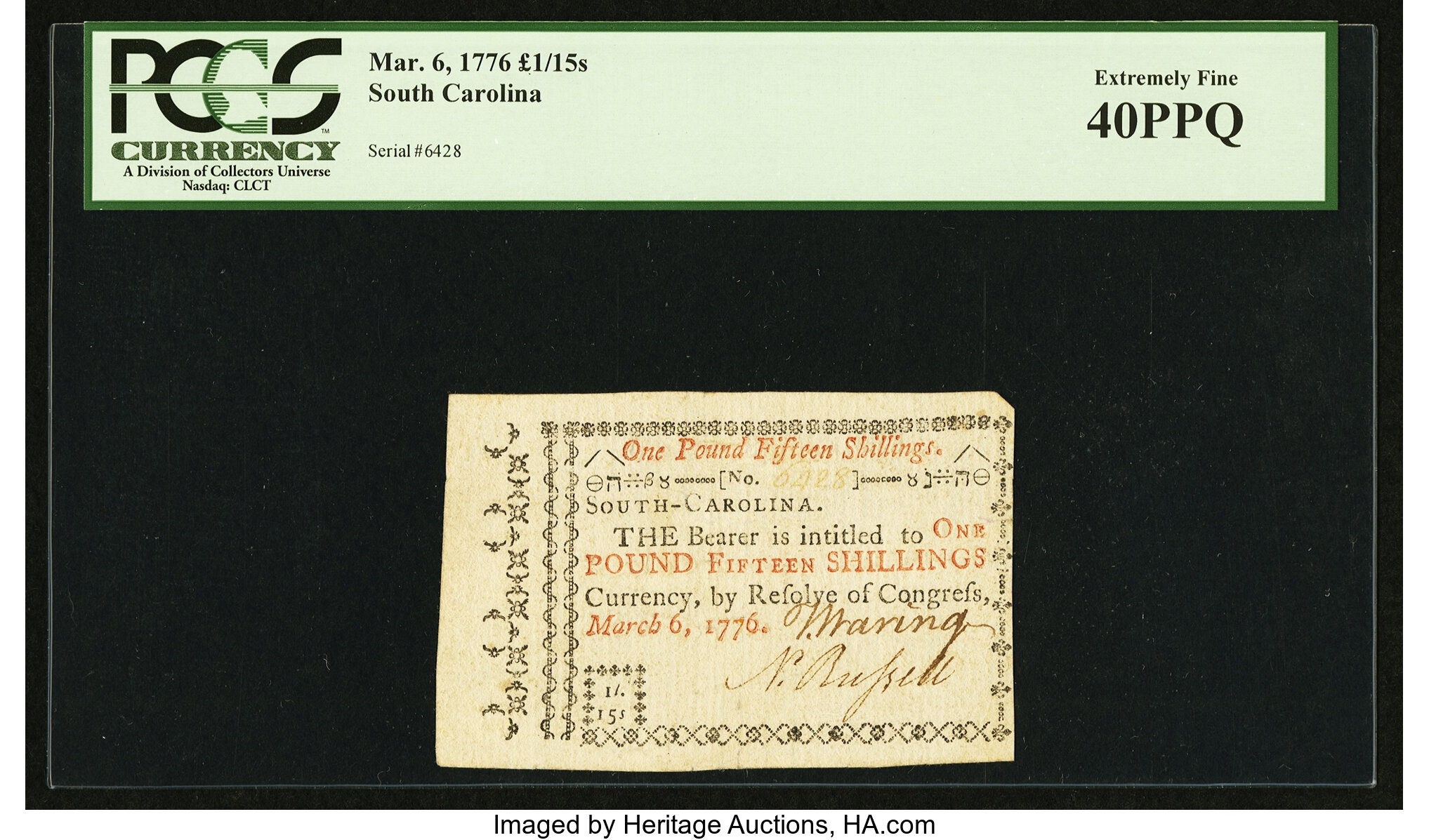 image for: South Carolina March 6, 1776 £1/15s PCGS Extremely Fine 40PPQ....