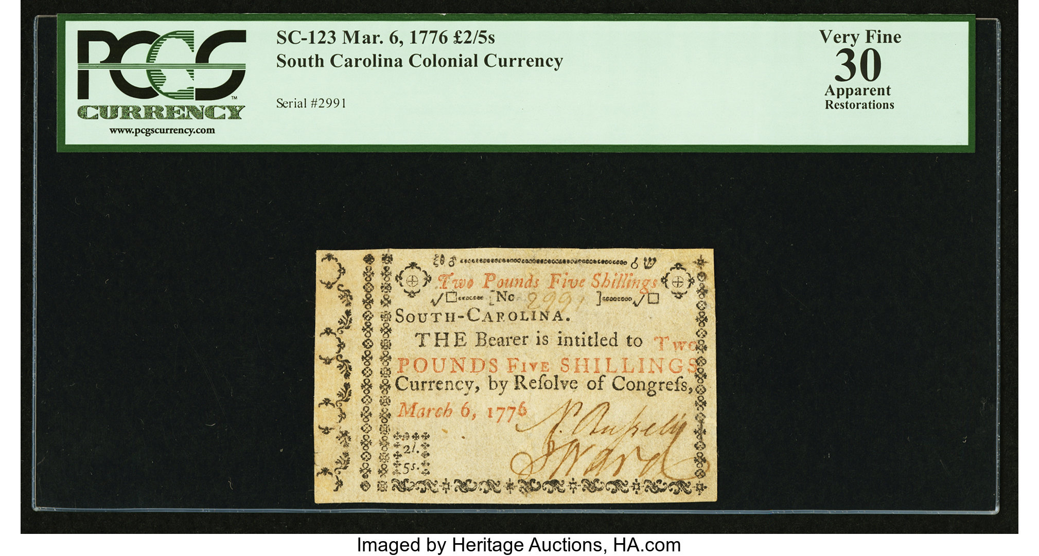 image for: South Carolina March 6, 1776 £2/5s PCGS Apparent Very Fine 30....