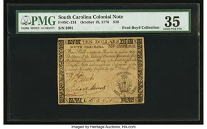 image for: South Carolina October 19, 1776 $10 PMG Choice Very Fine 35....