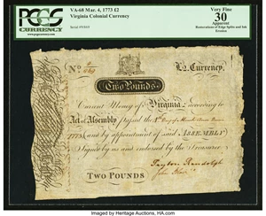 image for: Virginia March 4, 1773 £2 PCGS Apparent Very Fine 30....