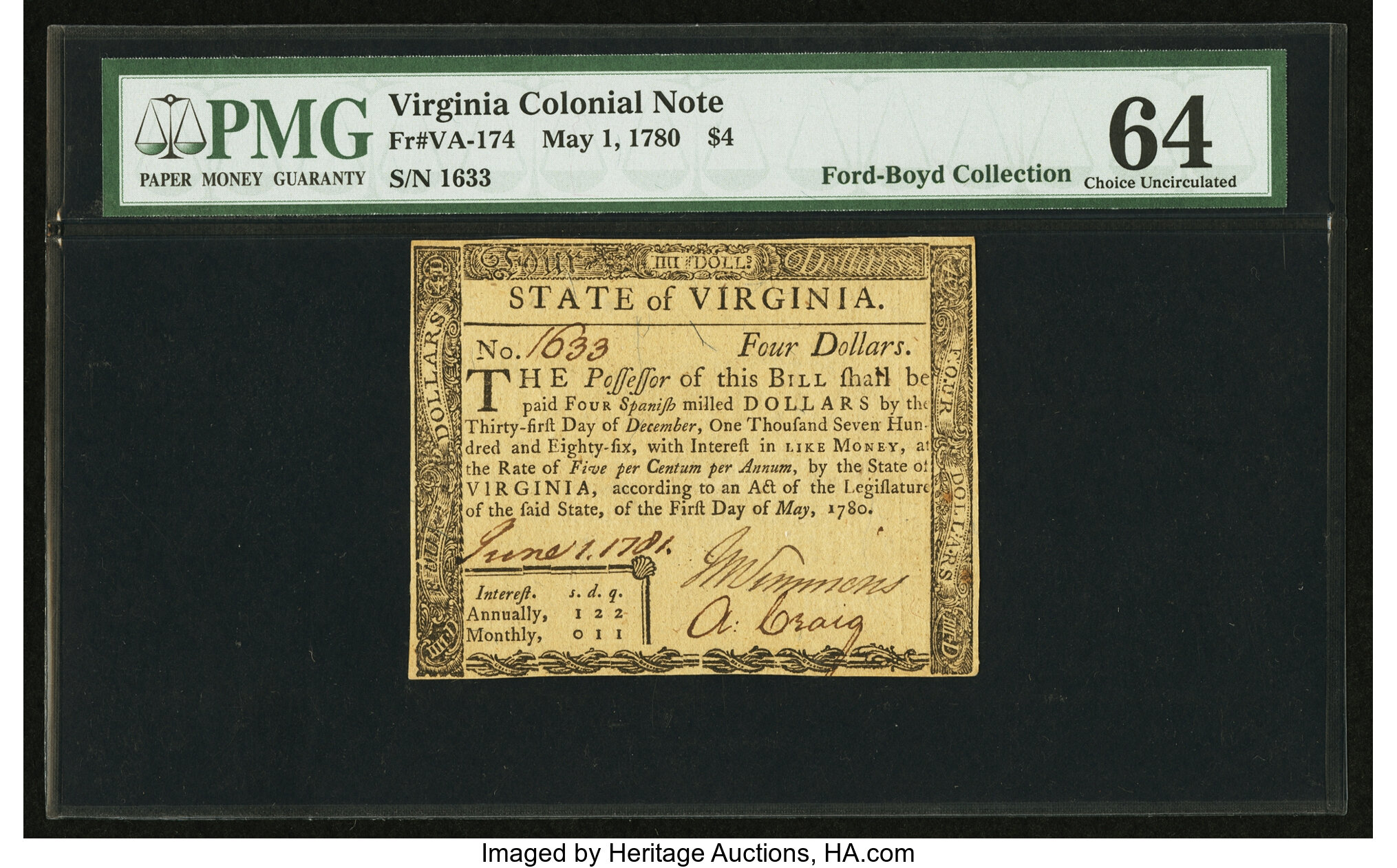 image for: Virginia May 1, 1780 $4 PMG Choice Uncirculated 64....