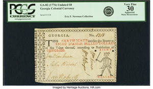image for: Georgia (1776) Undated $8 Fr. GA-82. PCGS Very Fine 30 Apparent....