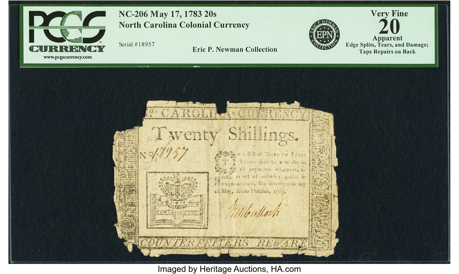 image for: North Carolina May 17, 1783 20 Shillings Fr. NC-206. PCGS Very Fine 20 Apparent....