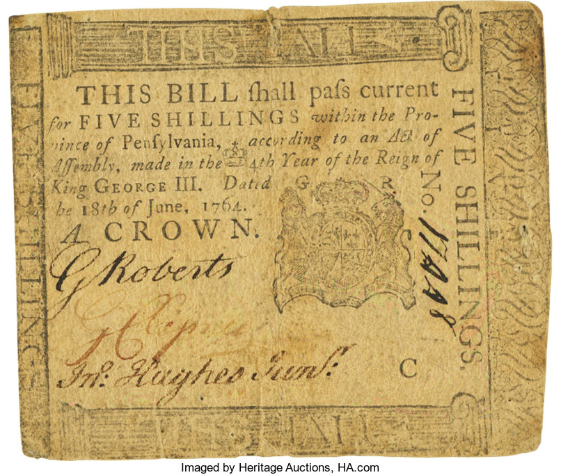 image for: Pennsylvania June 18, 1764 5 Shillings George Clymer Signature Fr. PA-123. PCGS Very Fine 30 Apparent....