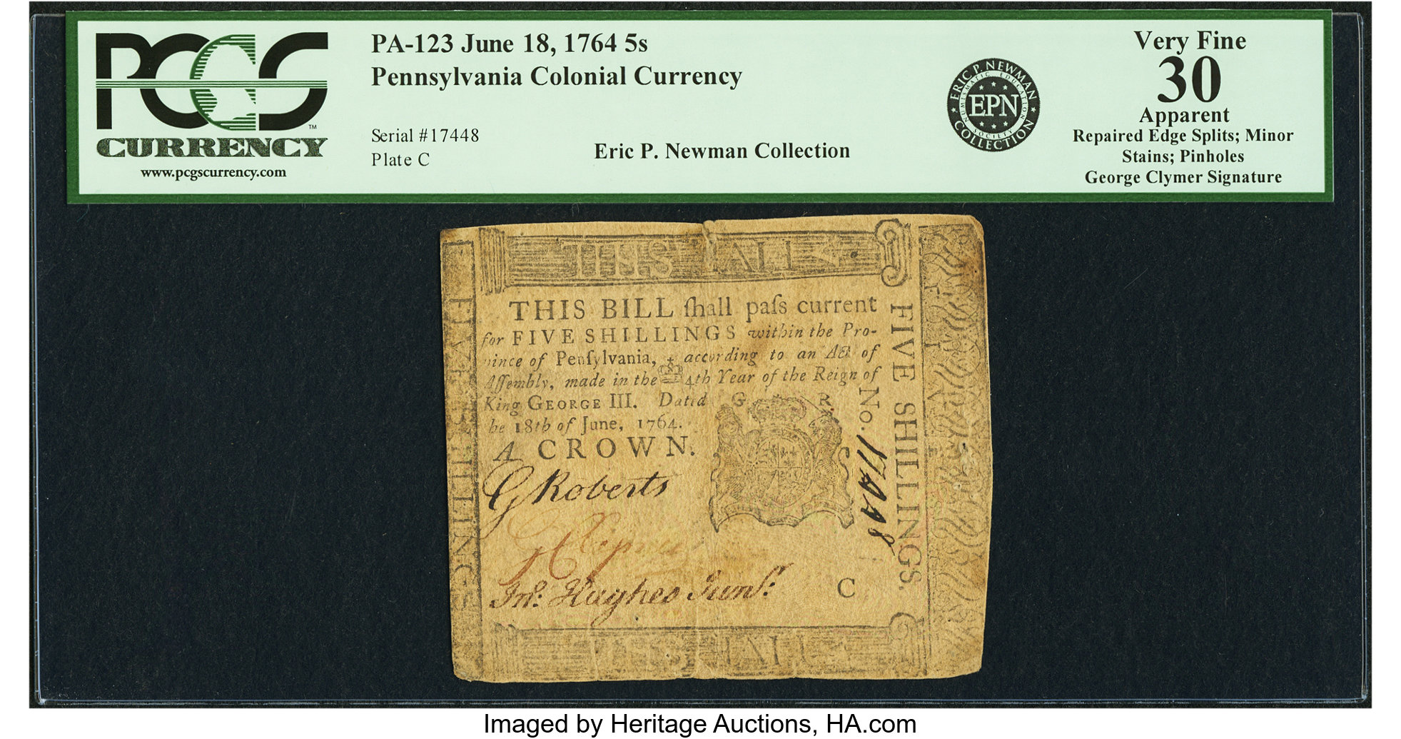 image for: Pennsylvania June 18, 1764 5 Shillings George Clymer Signature Fr. PA-123. PCGS Very Fine 30 Apparent....