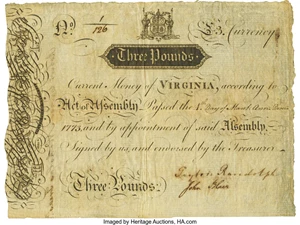 image for: Virginia March 4, 1773 3 Pounds Ashby Note Fr. VA-69. PCGS Very Fine 35....