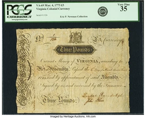image for: Virginia March 4, 1773 3 Pounds Ashby Note Fr. VA-69. PCGS Very Fine 35....