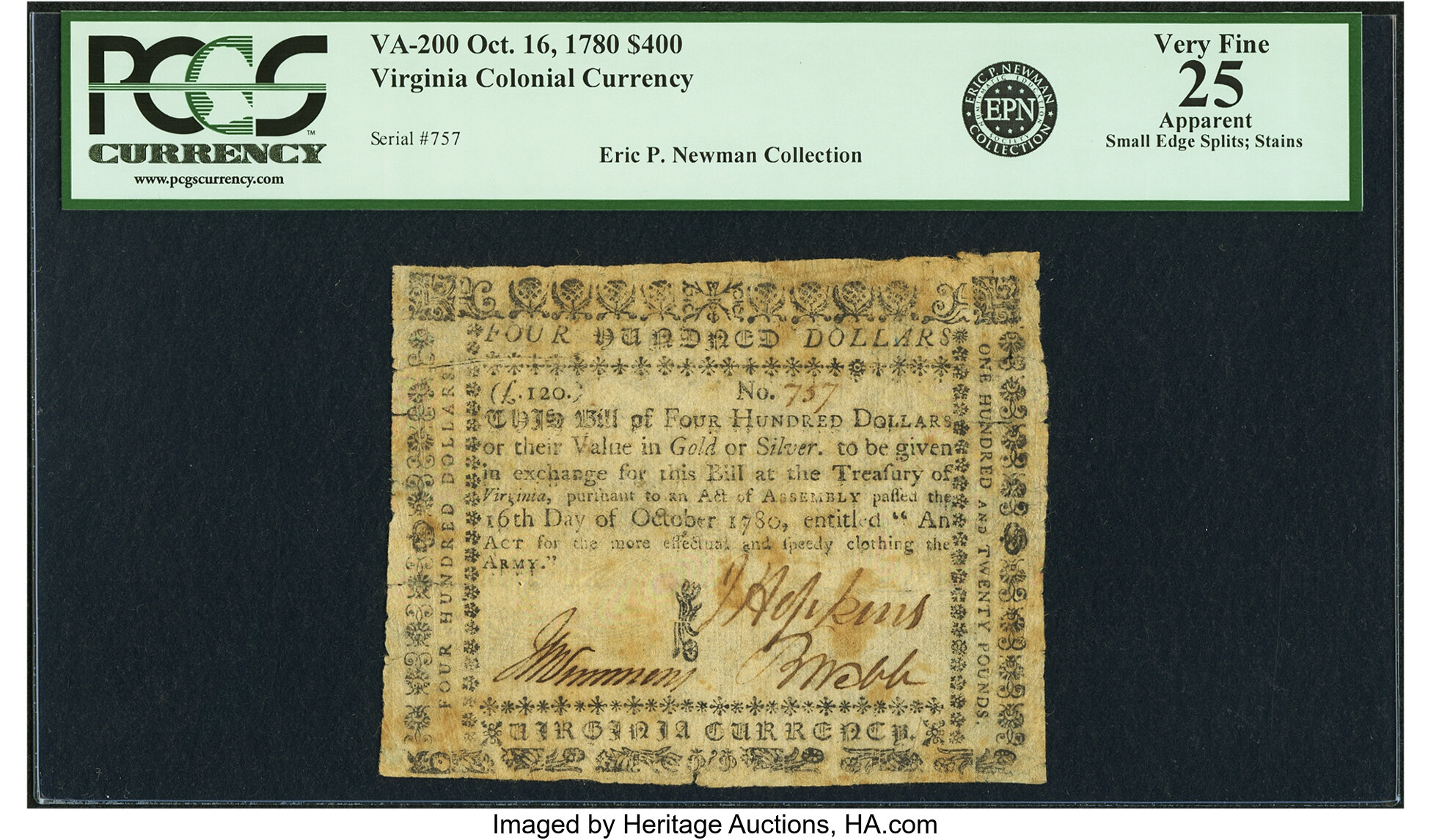 image for: Virginia October 16, 1780 $400 "clothing the Army" Fr. VA-200. PCGS Very Fine 25 Apparent....