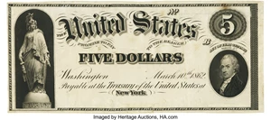 image for: Fr. 61 $5 1862 Legal Tender March 10, 1862 Hessler 244FD Face Proof. PCGS About New 50 Apparent....