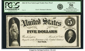 image for: Fr. 61 $5 1862 Legal Tender March 10, 1862 Hessler 244FD Face Proof. PCGS About New 50 Apparent....