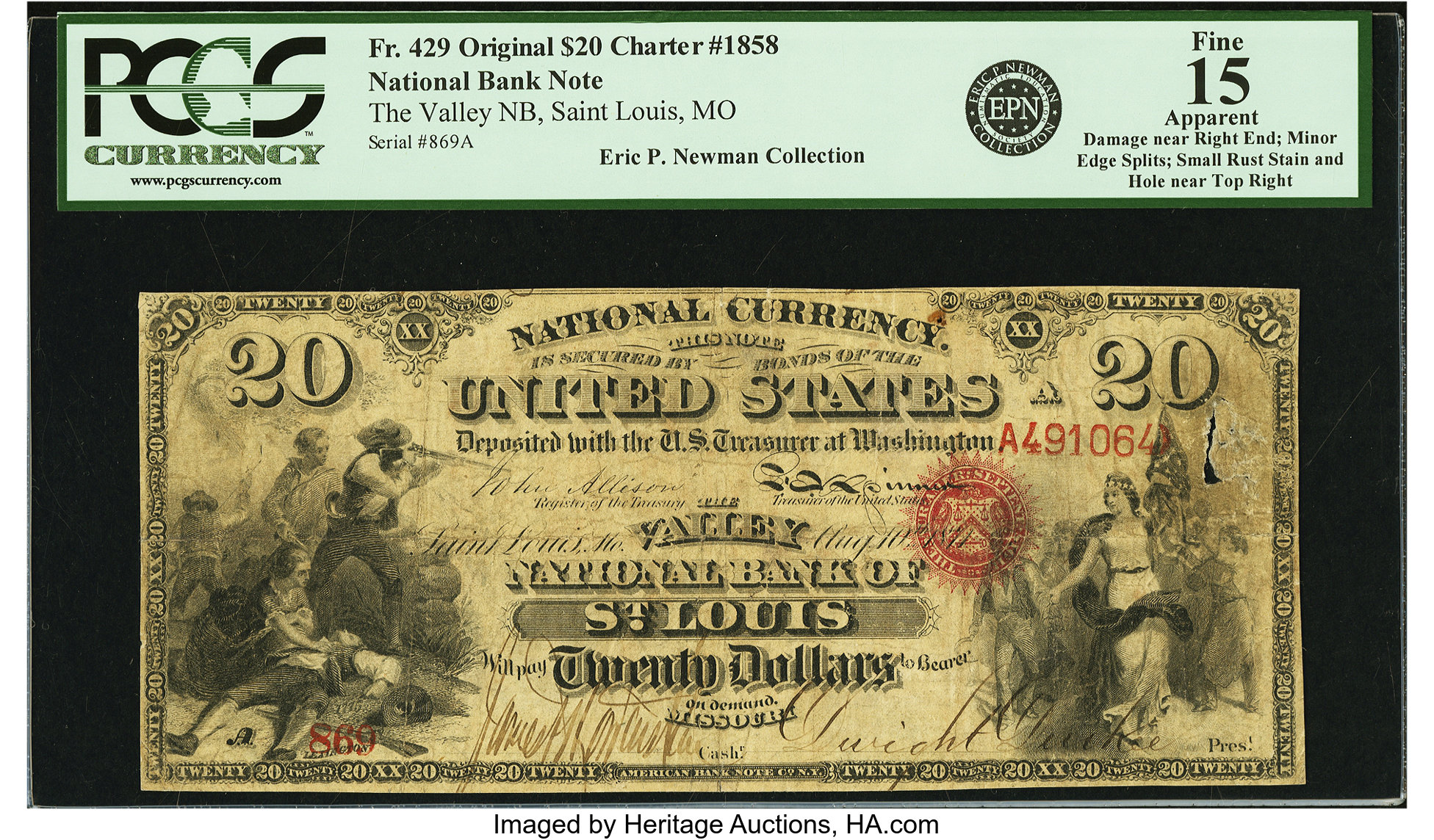 image for: Saint Louis, MO - $20 Original Fr. 429 The Valley NB Ch. # 1858 PCGS Fine 15 Apparent....