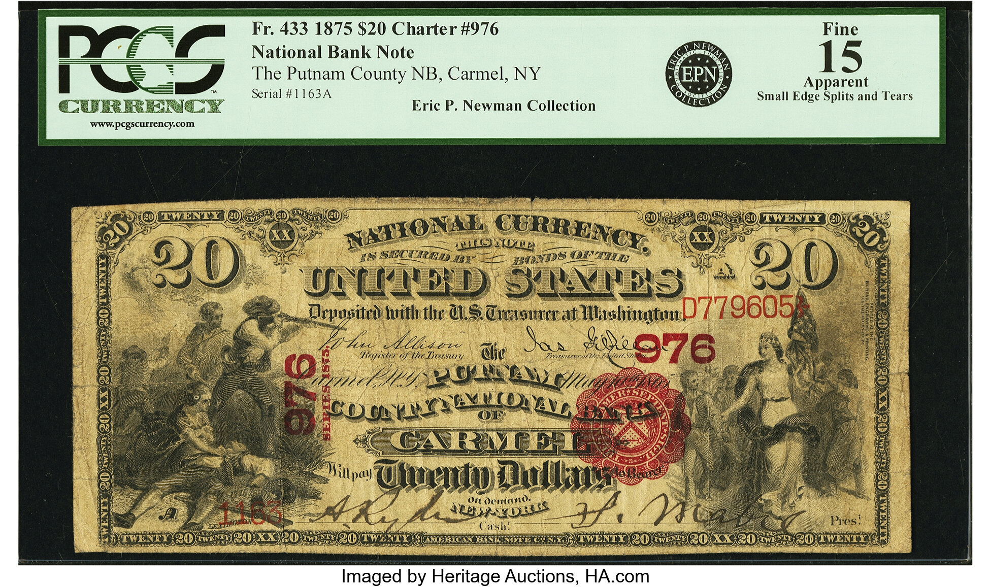 image for: Carmel, NY - $20 1875 Fr. 433 The Putnam County NB Ch. # 976 PCGS  Fine 15 Apparent....