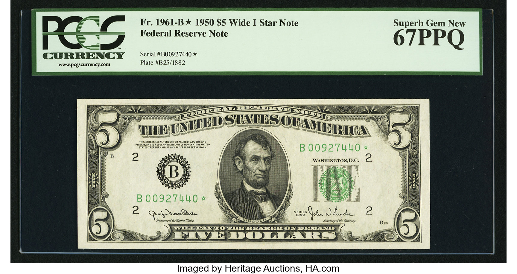 image for: Fr. 1961-B* $5 1950 Wide I Federal Reserve Note. PCGS Superb Gem New 67PPQ....