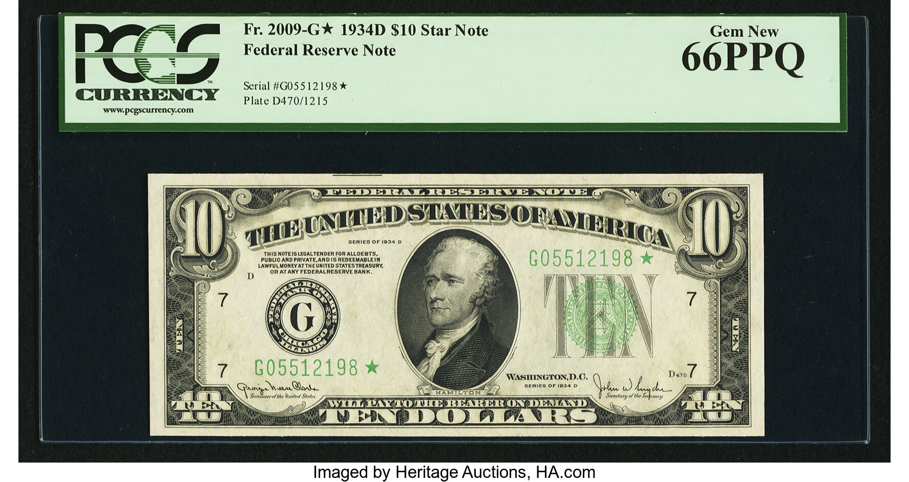 image for: Fr. 2009-G* $10 1934D Federal Reserve Note. PCGS Gem New 66PPQ....
