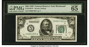 image for: Fr. 2100-E* $50 1928 Federal Reserve Note. PMG Gem Uncirculated 65 EPQ....