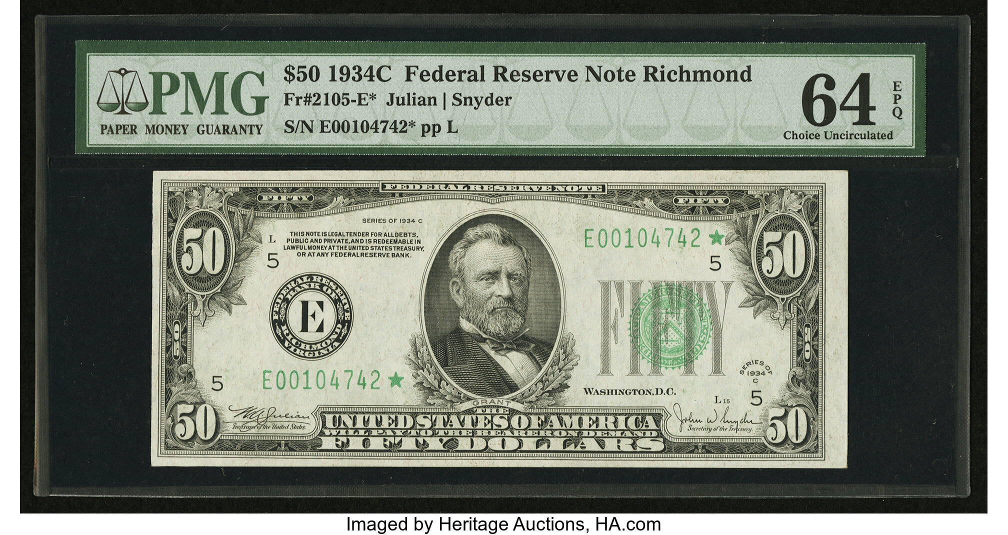 image for: Fr. 2105-E* $50 1934C Federal Reserve Note. PMG Choice Uncirculated 64 EPQ....