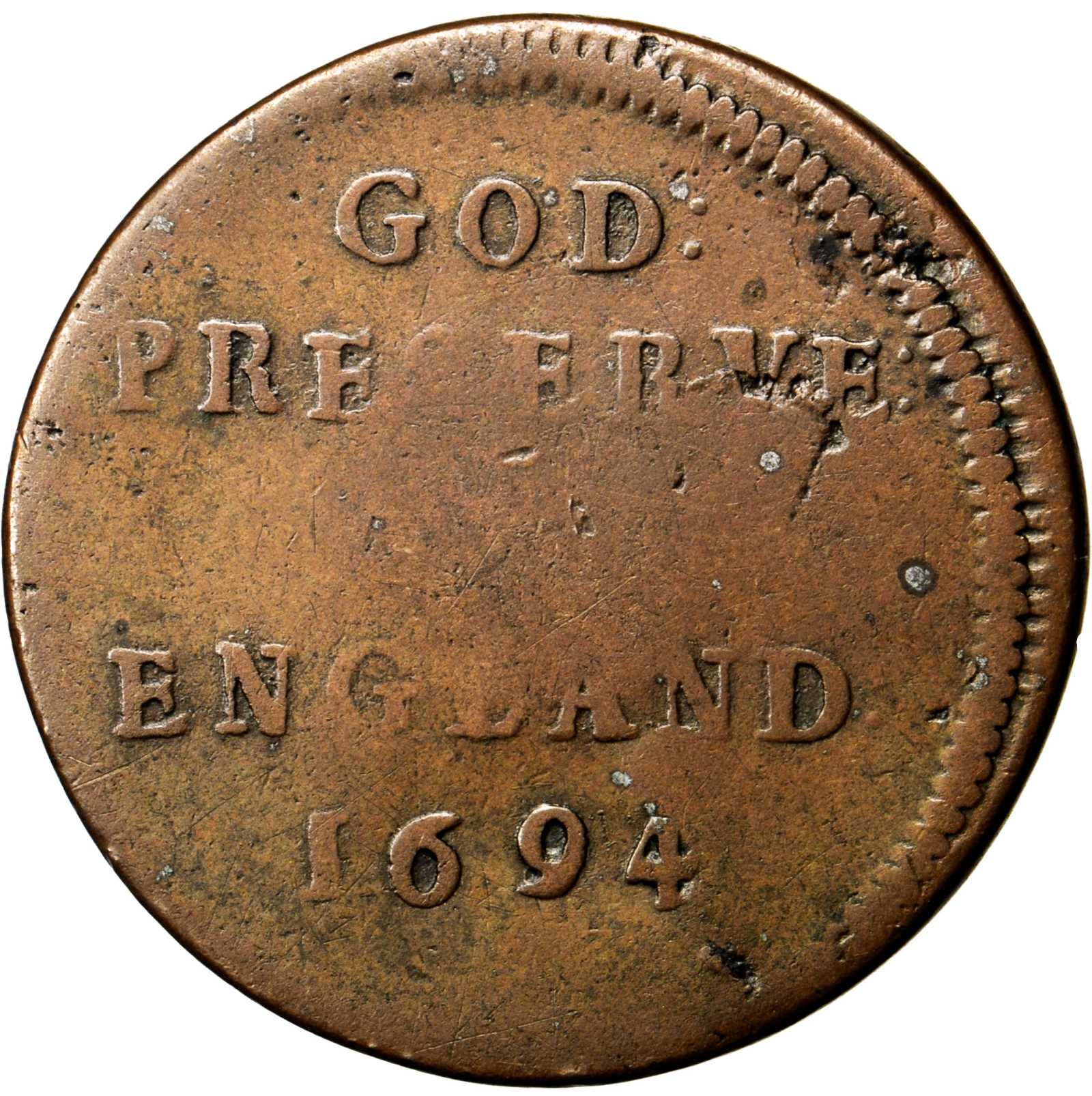 image for: 1694 New England Elephant Token. Hodder 2-G, Betts-80. VG-8 (PCGS). CAC. Secure Holder.