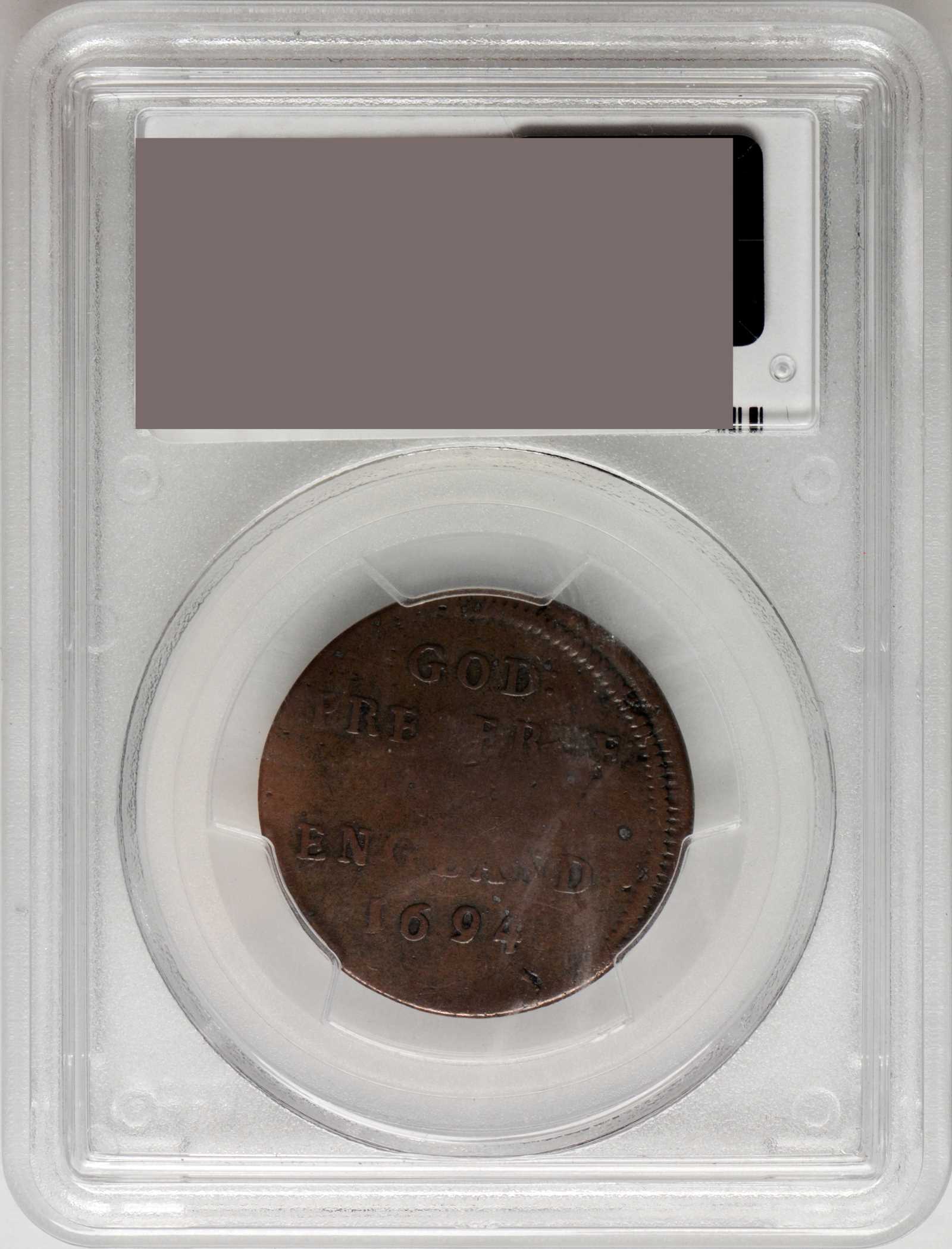 image for: 1694 New England Elephant Token. Hodder 2-G, Betts-80. VG-8 (PCGS). CAC. Secure Holder.