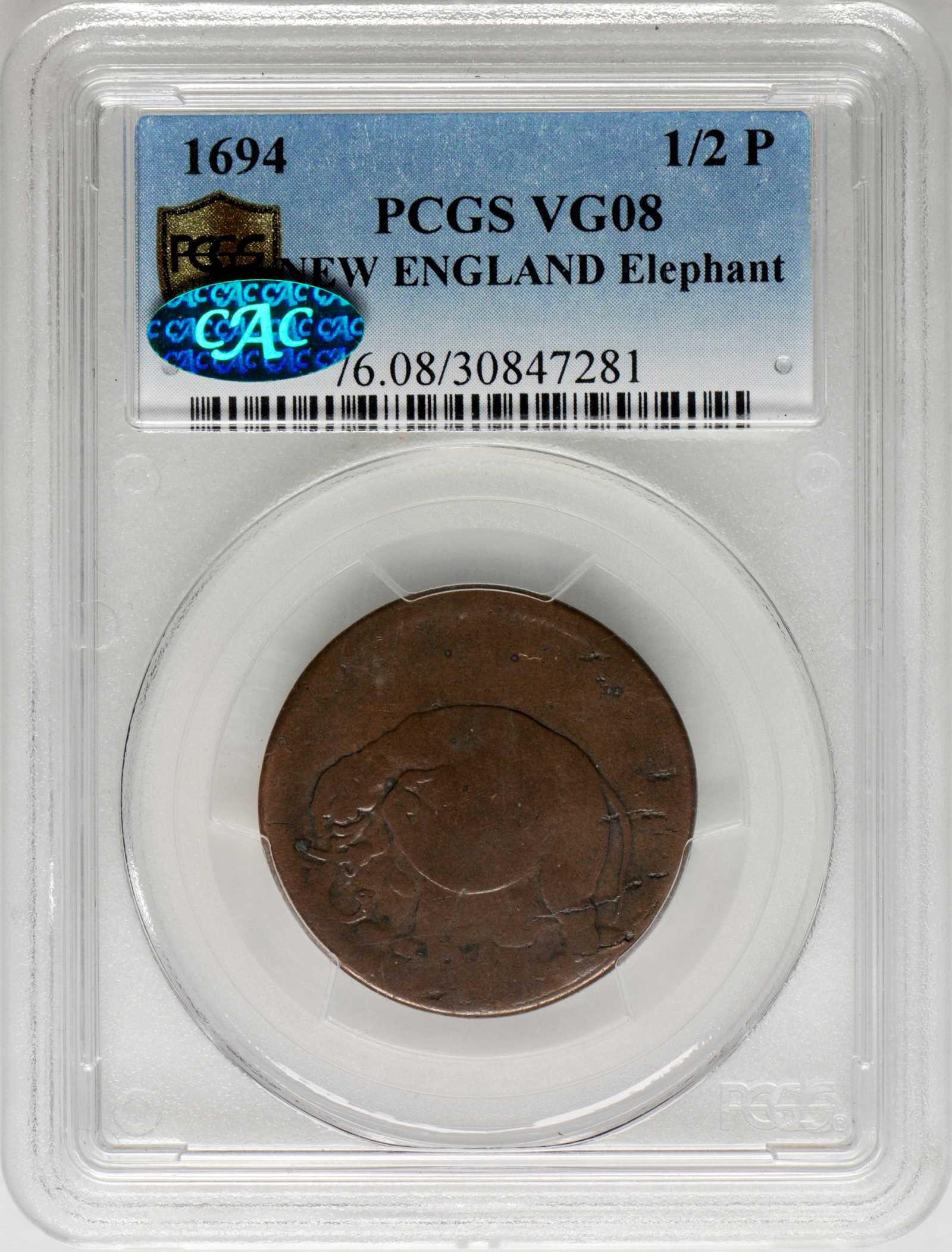 image for: 1694 New England Elephant Token. Hodder 2-G, Betts-80. VG-8 (PCGS). CAC. Secure Holder.