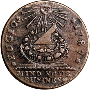 image for: 1787 Fugio Copper. Club Rays. Newman 5-HH. Rarity-8. Concave Ends, UNITED STATES. AU-50 (PCGS). CAC.