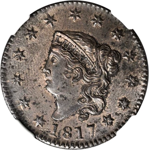image for: 1817 Matron Head Cent. N-8. Rarity-2. Noyes Die State B/C. 13 Stars. MS-62 BN (NGC).