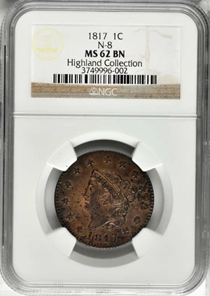 image for: 1817 Matron Head Cent. N-8. Rarity-2. Noyes Die State B/C. 13 Stars. MS-62 BN (NGC).