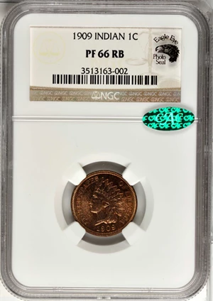 image for: 1909 Indian Cent. Proof-66 RB (NGC). CAC. Eagle Eye Photo Seal.
