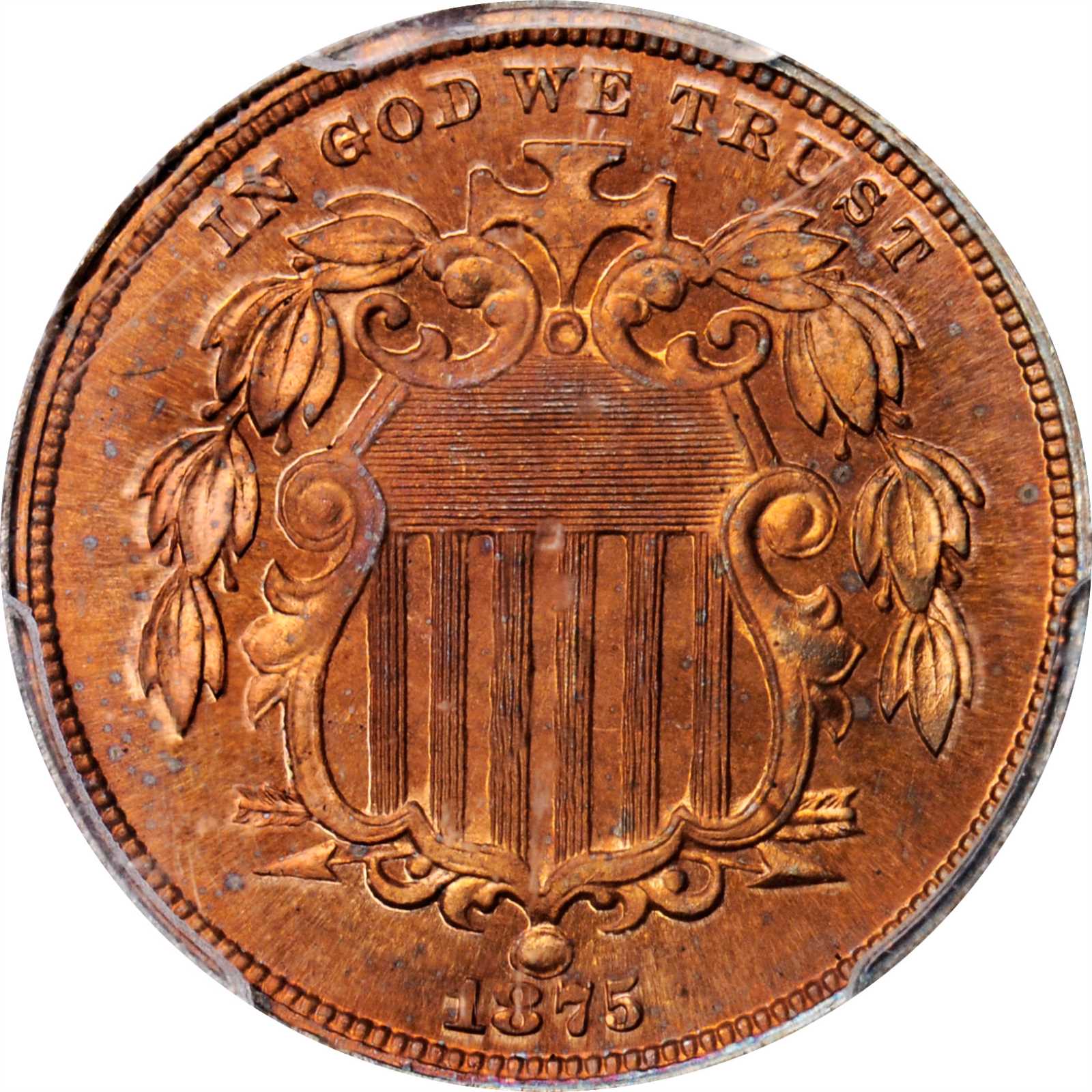 image for: 1875 Pattern Shield Nickel. Judd-1387, Pollock-1531. Rarity-7+. Copper. Plain Edge. Proof-65 RD (PCGS).