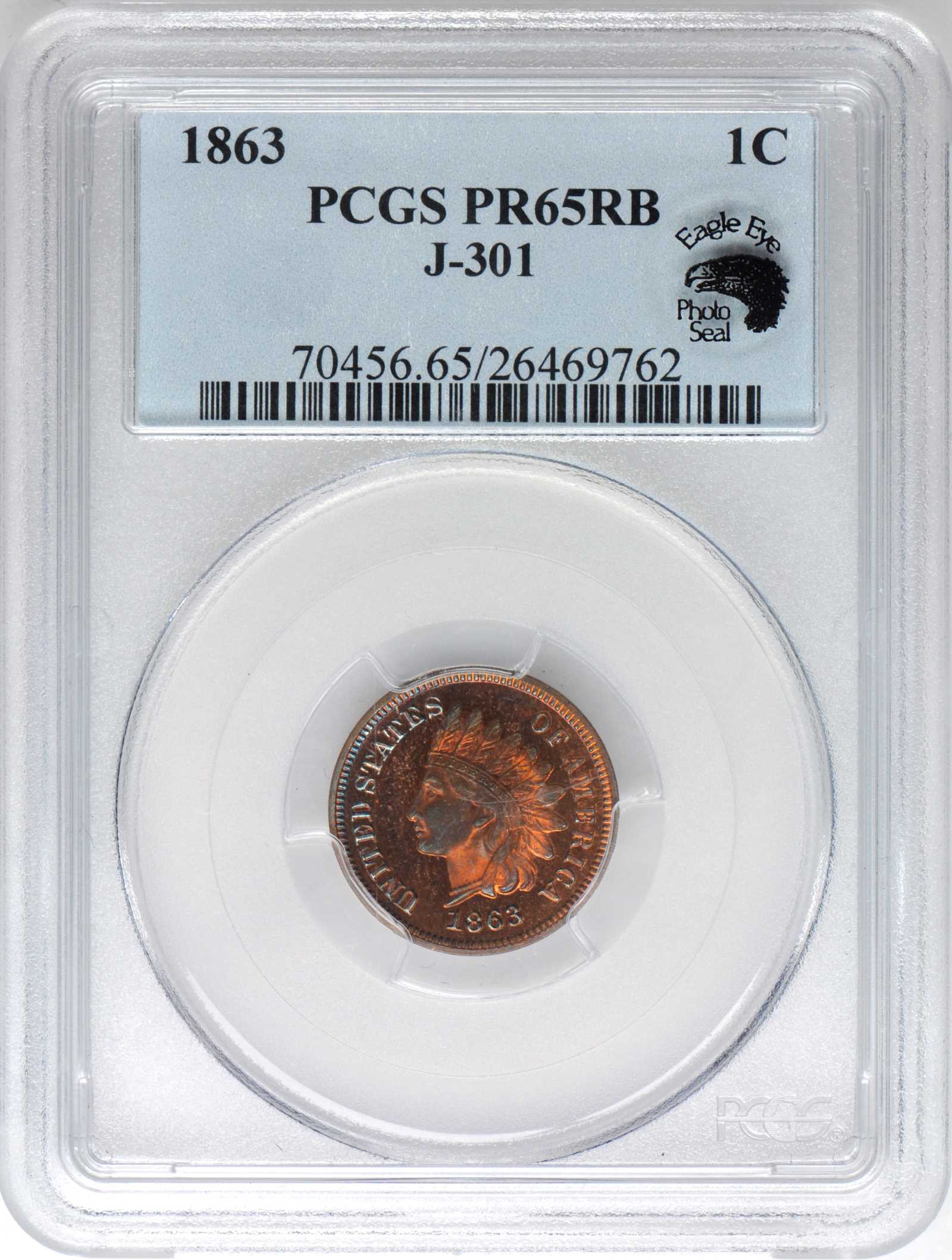 image for: 1863 Pattern Indian Cent. Judd-301, Pollock-363. Rarity-8. Bronze. Plain Edge. Proof-65 RB (PCGS). Eagle Eye Photo Seal.