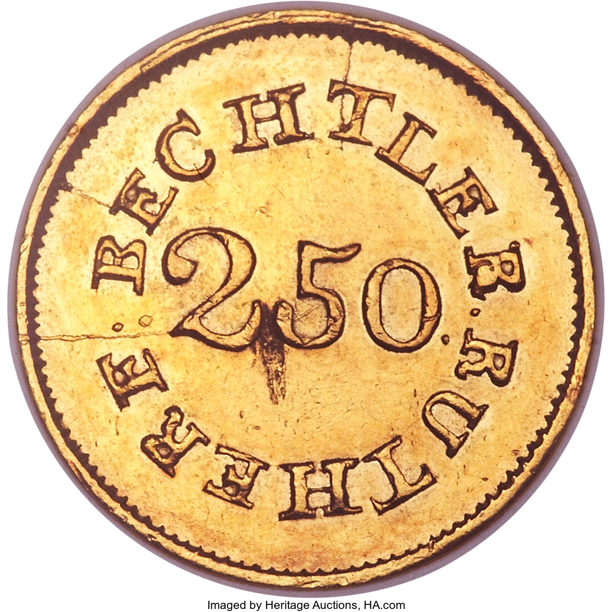 image for: (1837-42) $2 1/2 C. Bechtler Quarter Eagle, 67G. 21C. -- Cleaned -- ANACS. Unc Details, Net AU50. K-10, R.5....