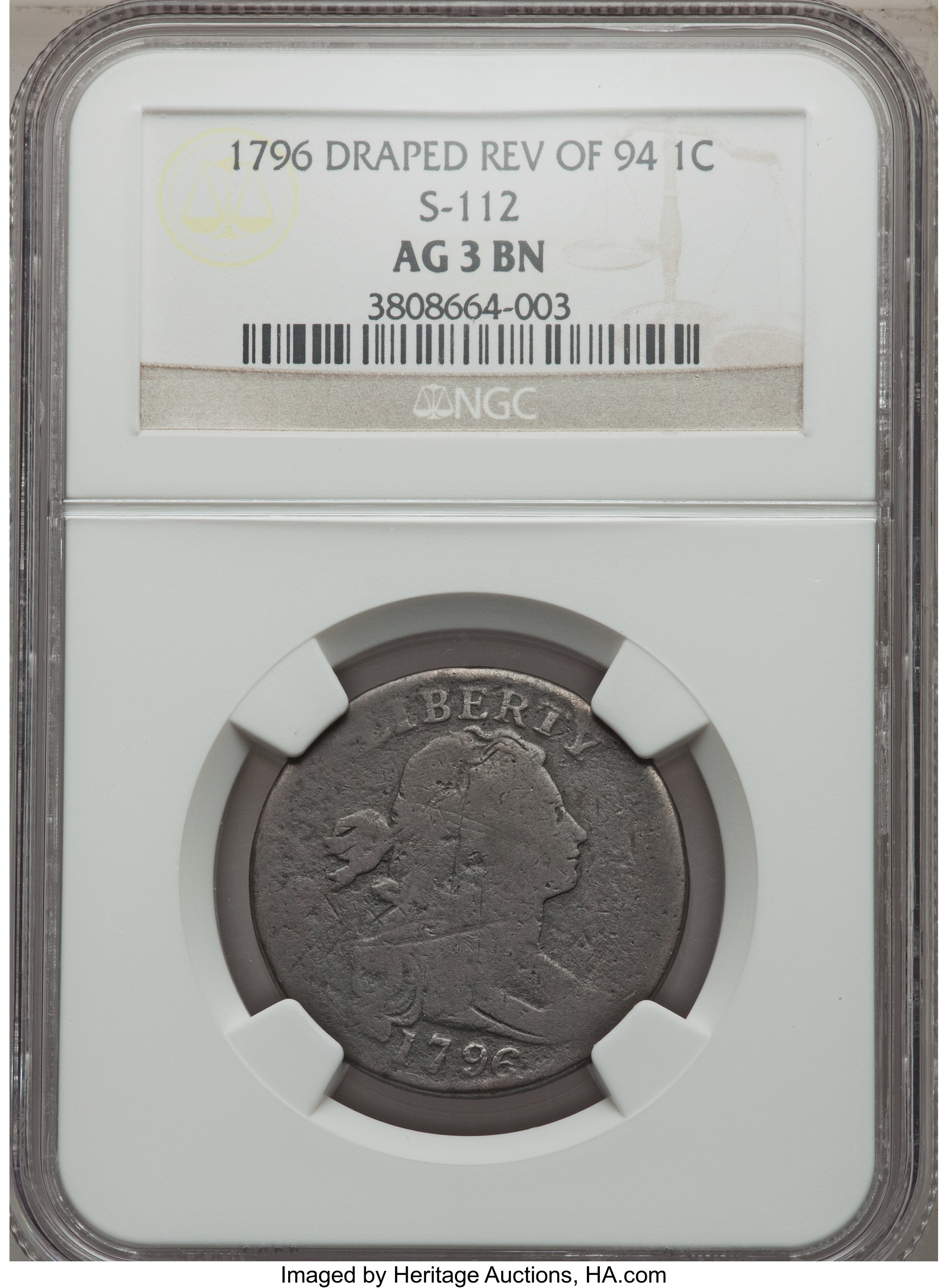 image for: 1796 1C Reverse of 1794, S-112, B-19, High R.4, AG3 NGC. NGC Census: (0/1). PCGS Population (0/3).  ...