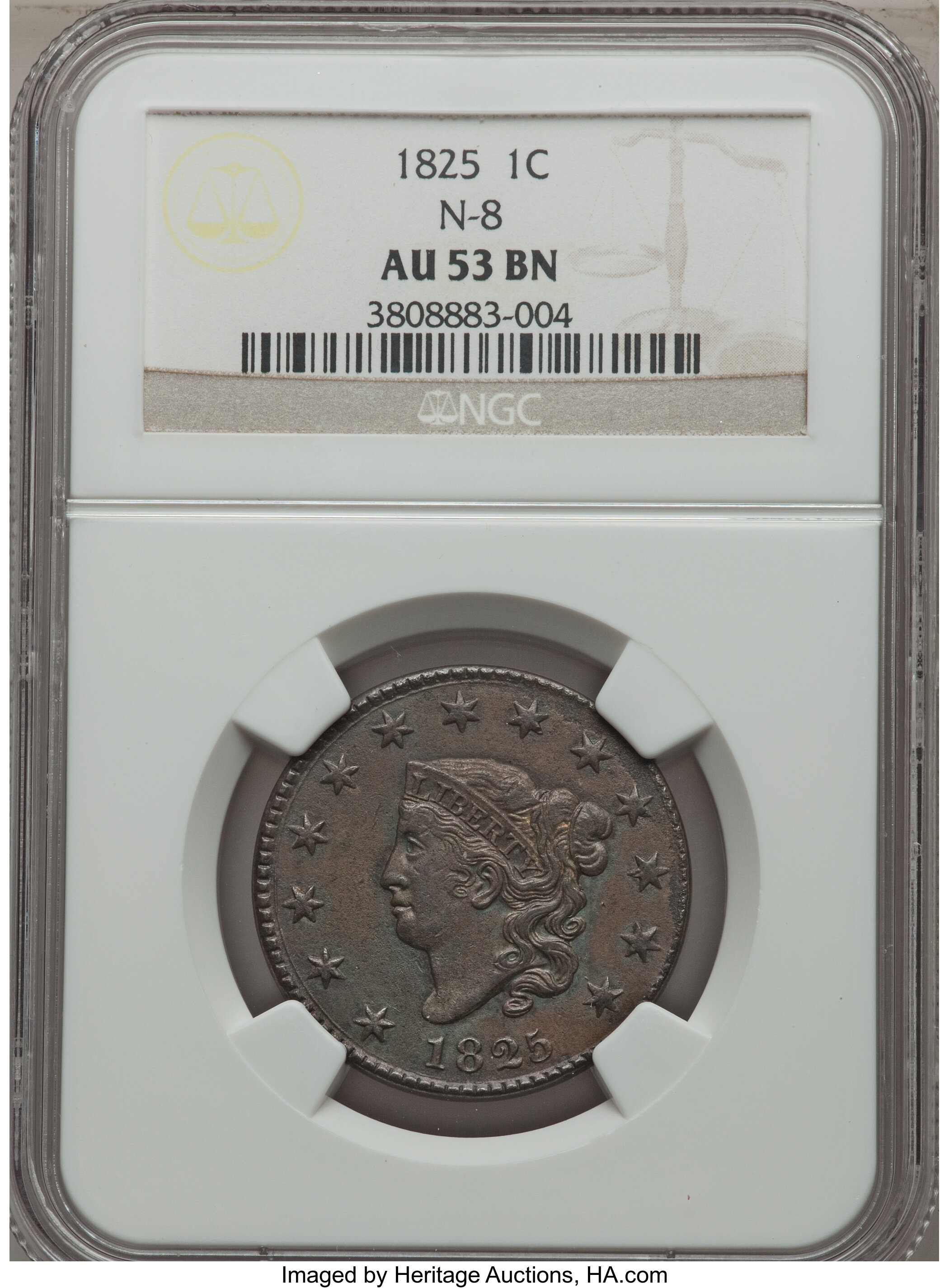 image for: 1825 1C N-8, R.3 AU53 NGC. NGC Census: (2/4). PCGS Population (1/2). Mintage: 1,461,100. ...