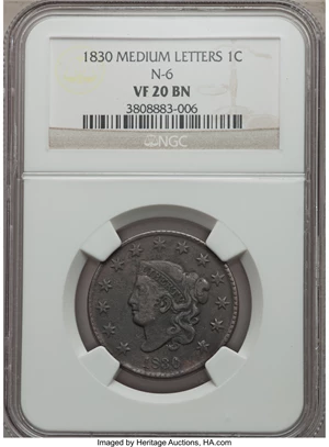 image for: 1830 1C Medium Letters, N-6, R.4, VF20 NGC. NGC Census: (1/5). PCGS Population (0/4). ...