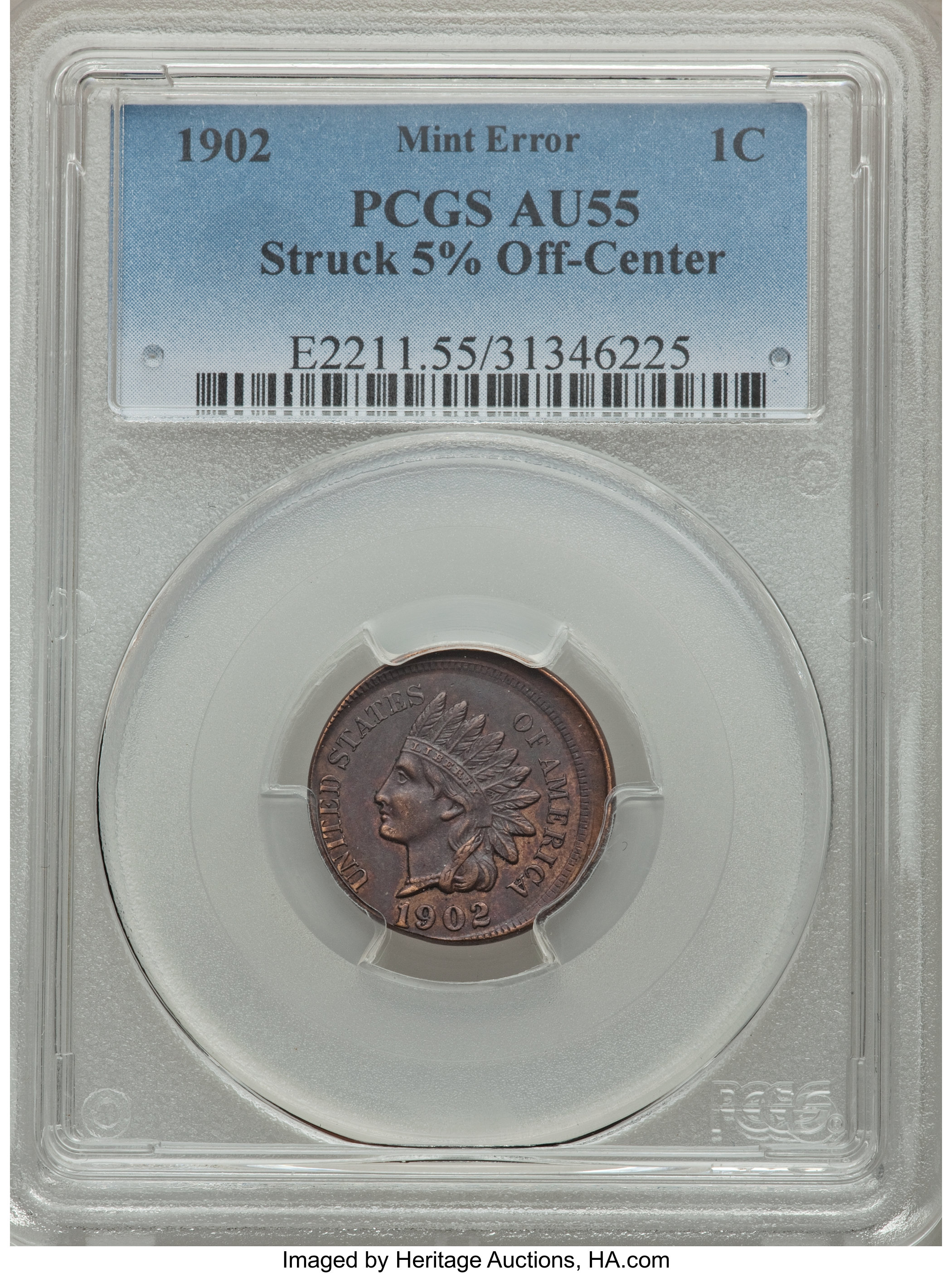 1902 1C Indian Cent -- Struck 5% Off-Center -- AU55 PCGS. ...