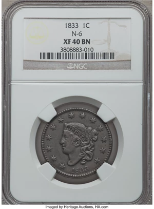 image for: 1833 1C N-6, R.1, XF40 NGC. NGC Census: (2/15). PCGS Population (0/7). Mintage: 2,739,000. ...