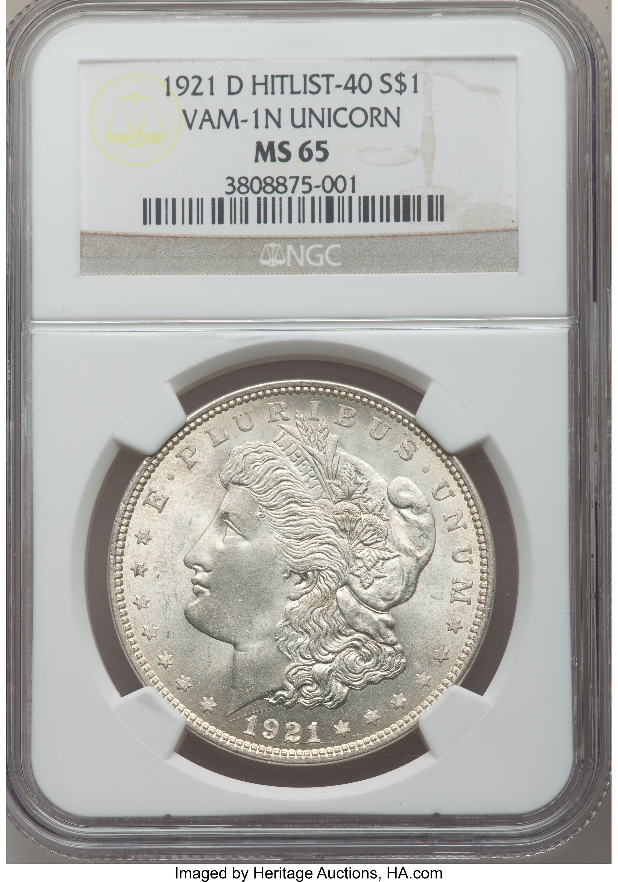 1921-D $1 Unicorn, VAM-1N, MS65 NGC. Hitlist-40. NGC Census: (0/0). PCGS Population (7/0)....