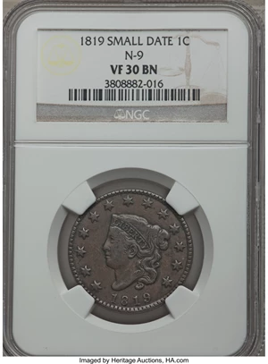 image for: 1819 1C Small Date, N-9, R.1, VF30 NGC. NGC Census: (0/0). PCGS Population (0/0). ...