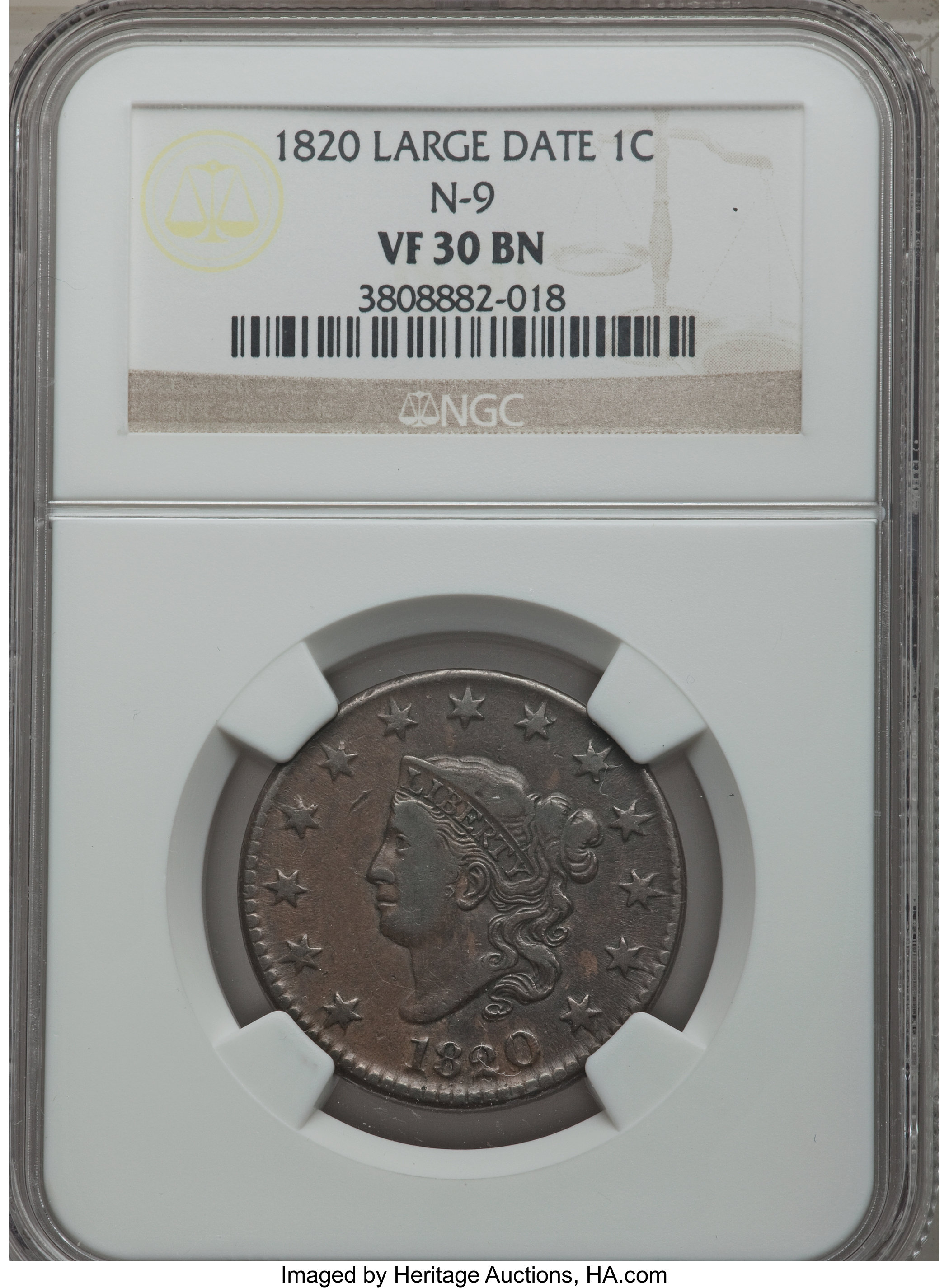 image for: 1820 1C Large Date, N-9, R.3, VF30 NGC. NGC Census: (2/3). PCGS Population (0/2).  ...