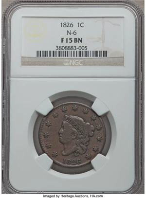 image for: 1826 1C N-6, R.2, Fine 15 NGC. NGC Census: (1/18). PCGS Population (0/10). Mintage: 1,517,425. ...