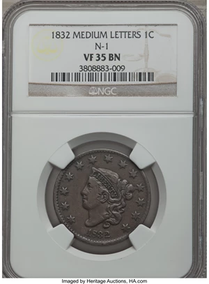 image for: 1832 1C Medium Letters, N-1, R.2, VF35 NGC. NGC Census: (1/14). PCGS Population (0/9). ...