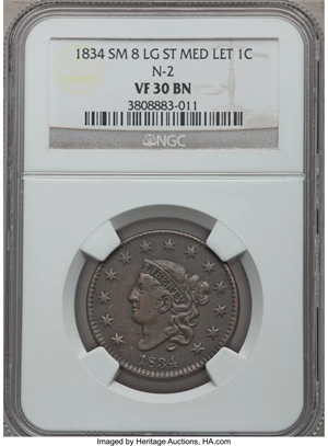 image for: 1834 1C Small 8, Large Stars, Medium Letters, N-2, R.1, VF30 NGC. NGC Census: (0/0). PCGS Population (1/11). ...