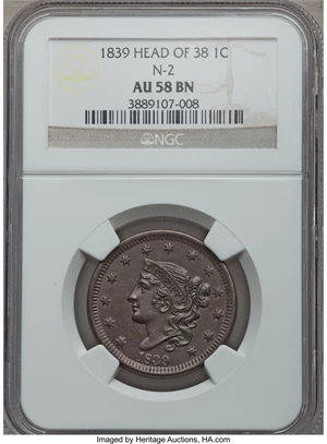 image for: 1839 1C Head of 1838, Beaded Cords, N-2, R.2, AU58 NGC. NGC Census: (4/9). PCGS Population (0/7). Mintage: 3,128,661. ...