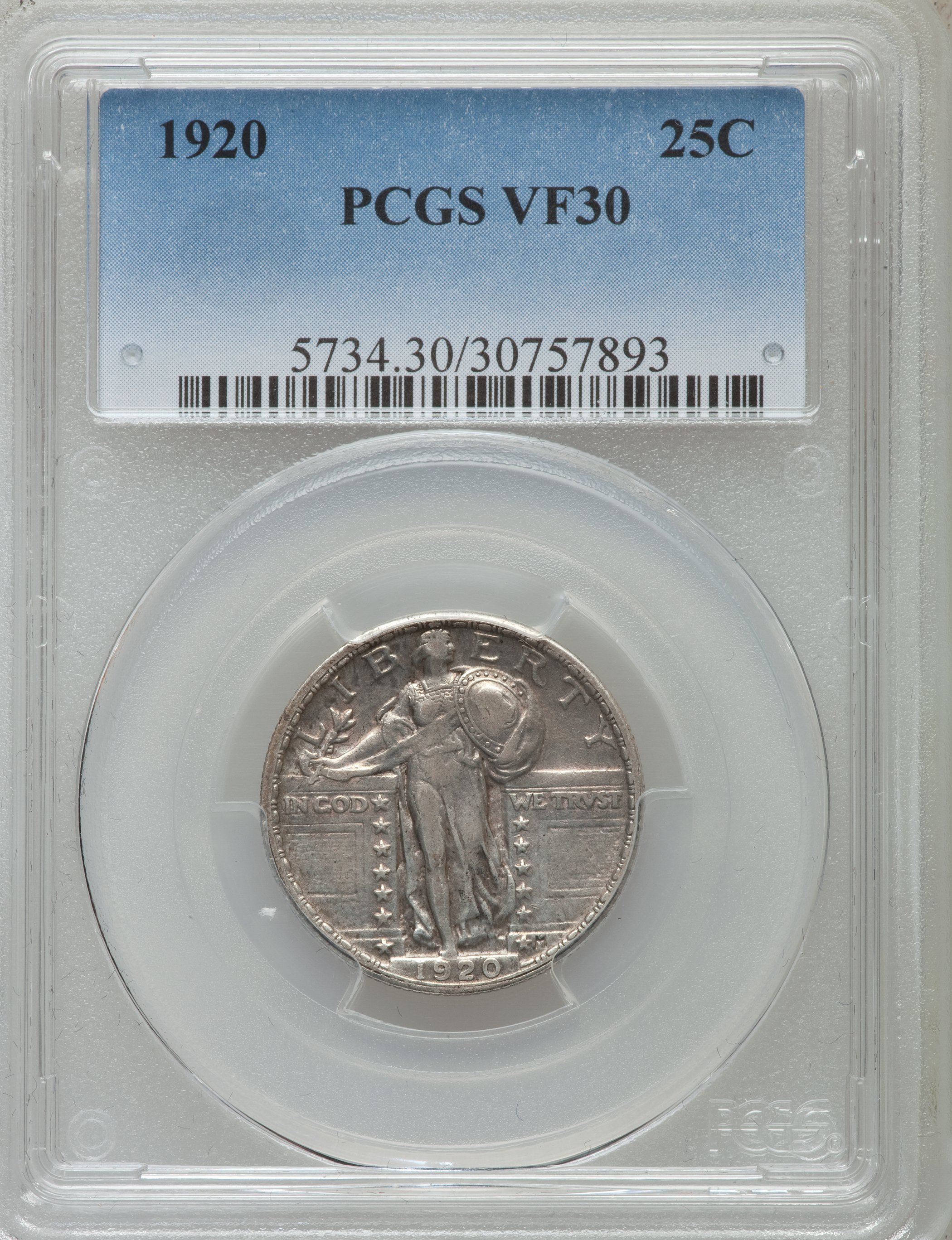 1920 25C VF30 PCGS. PCGS Population (19/1880). NGC Census: (5/1339). Mintage: 27,860,000. Numismedia Wsl. Price for problem...